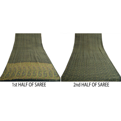 Sanskriti Vintage Sarees Dark Green Pure Georgette Silk Print Sari Craft Sustainable Fabric