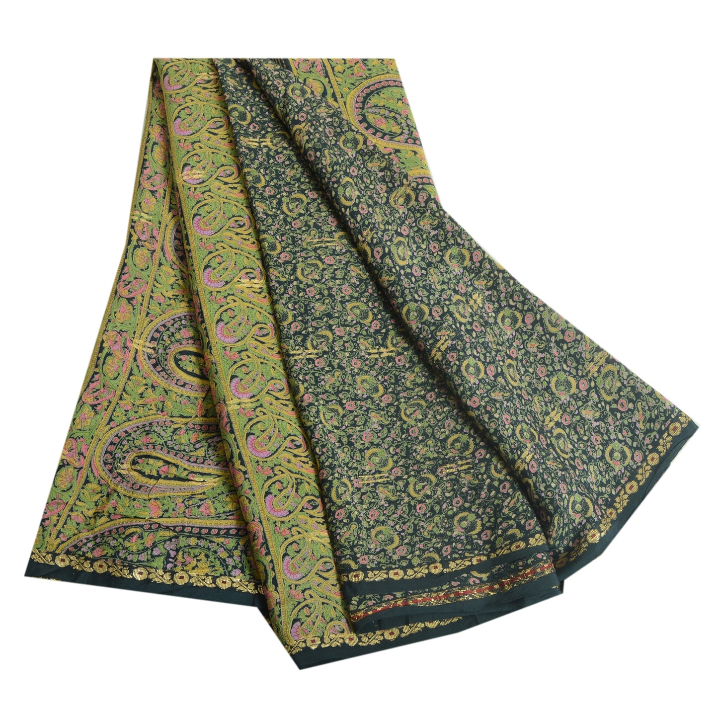 Sanskriti Vintage Sarees Dark Green Pure Georgette Silk Print Sari Craft Sustainable Fabric