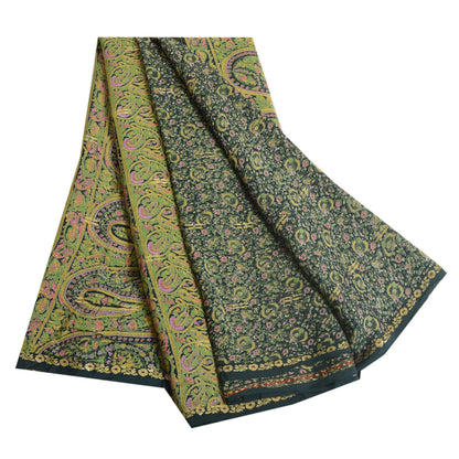 Sanskriti Vintage Sarees Dark Green Pure Georgette Silk Print Sari Craft Sustainable Fabric
