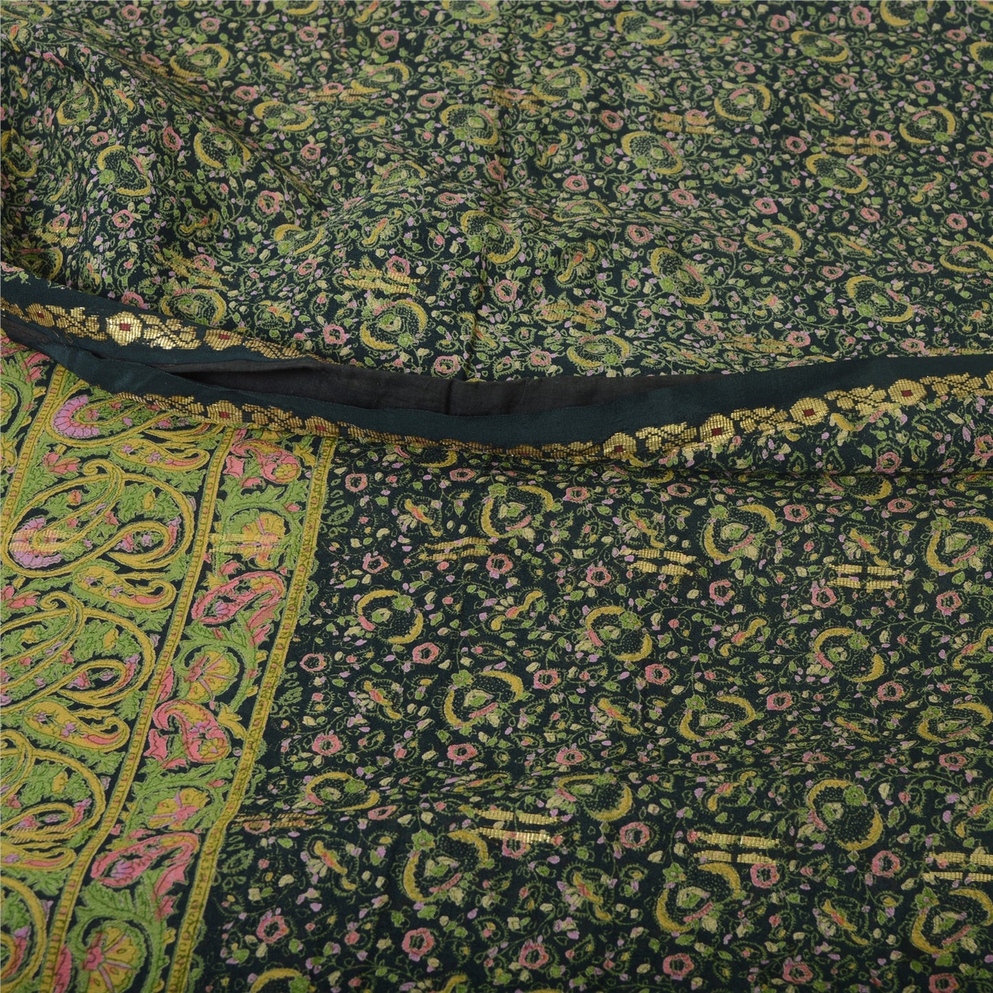 Sanskriti Vintage Sarees Dark Green Pure Georgette Silk Print Sari Craft Sustainable Fabric