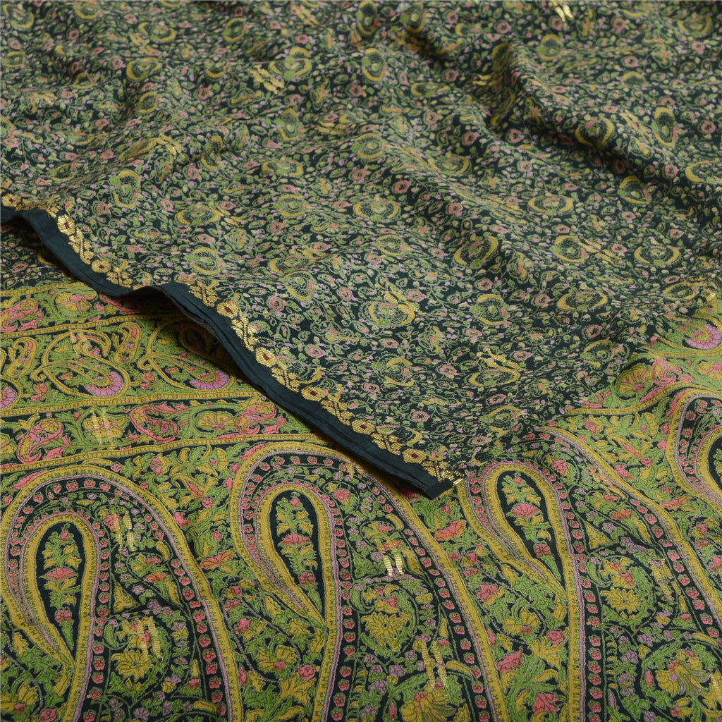 Sanskriti Vintage Sarees Dark Green Pure Georgette Silk Print Sari Craft Sustainable Fabric