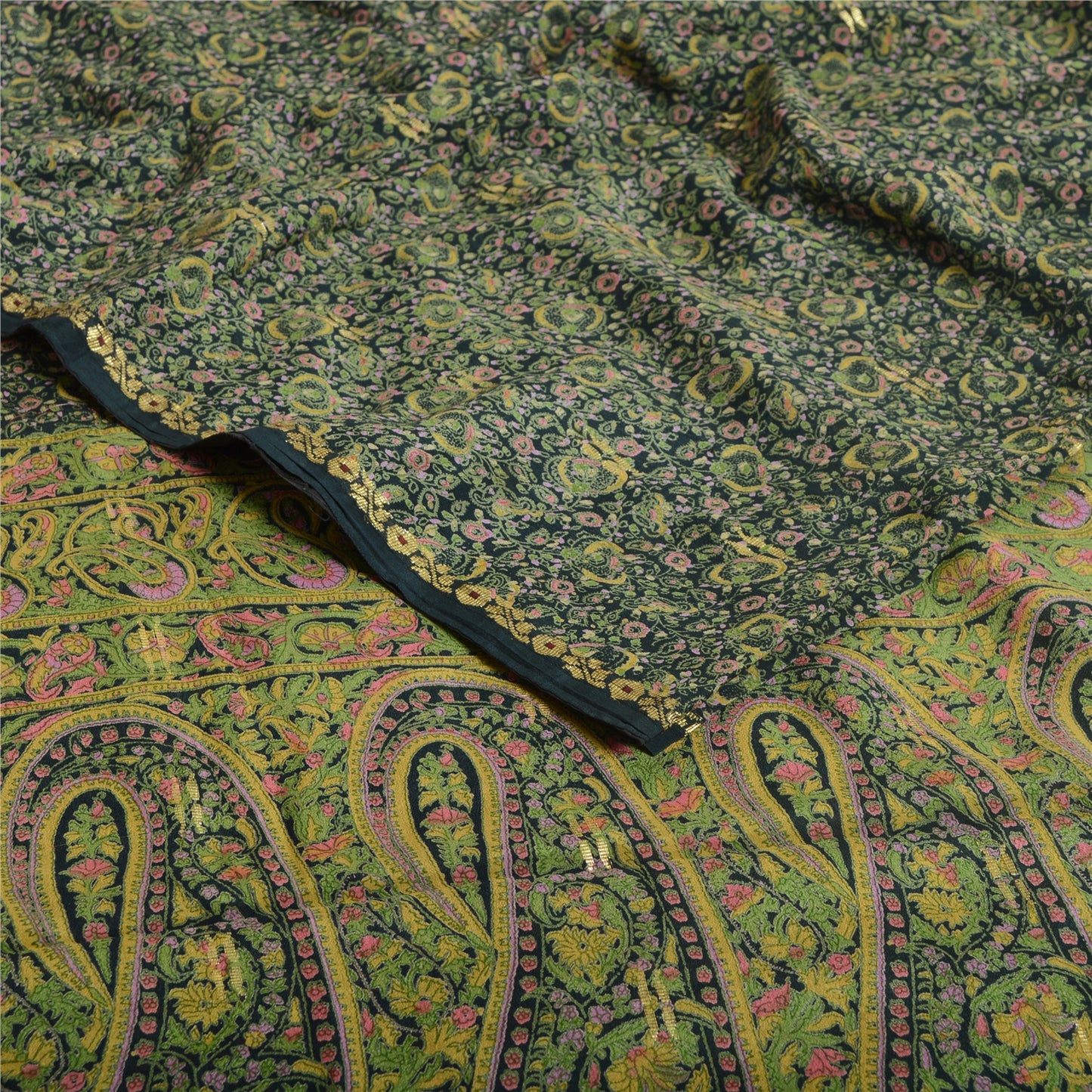 Sanskriti Vintage Sarees Dark Green Pure Georgette Silk Print Sari Craft Sustainable Fabric