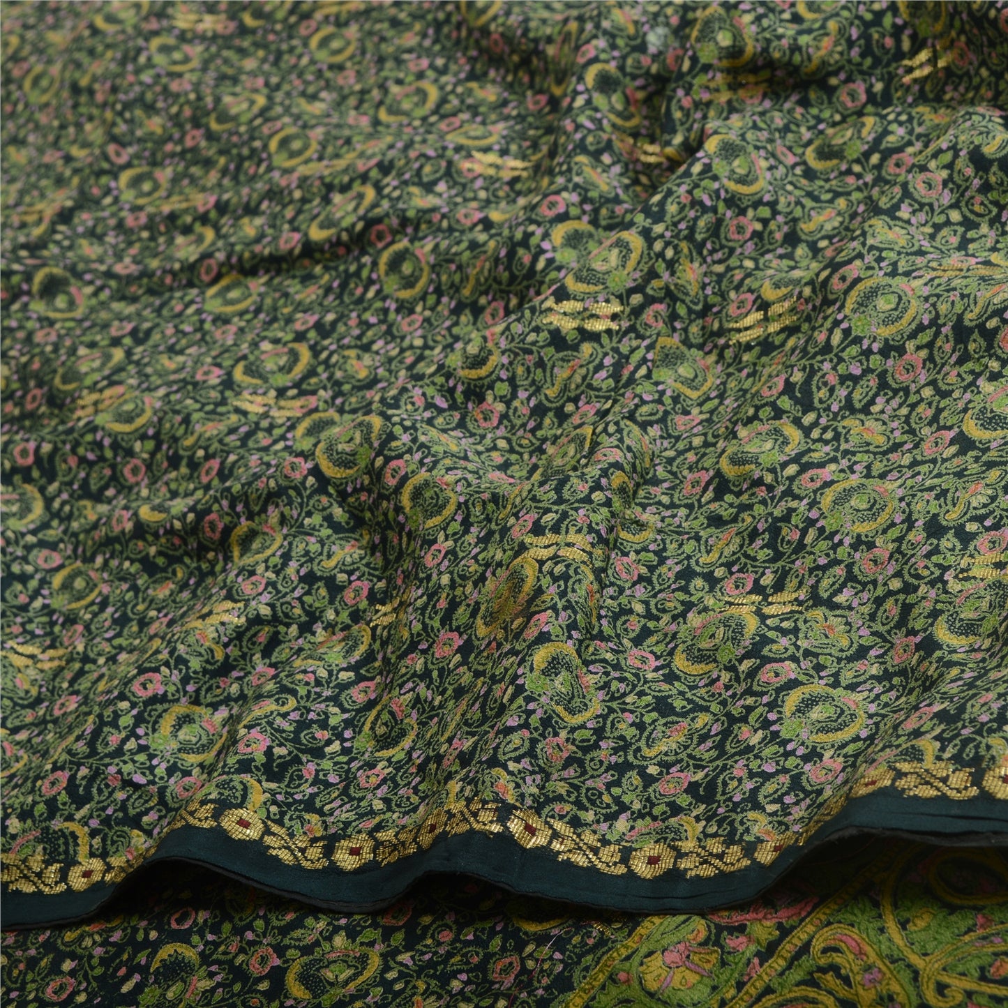 Sanskriti Vintage Sarees Dark Green Pure Georgette Silk Print Sari Craft Sustainable Fabric