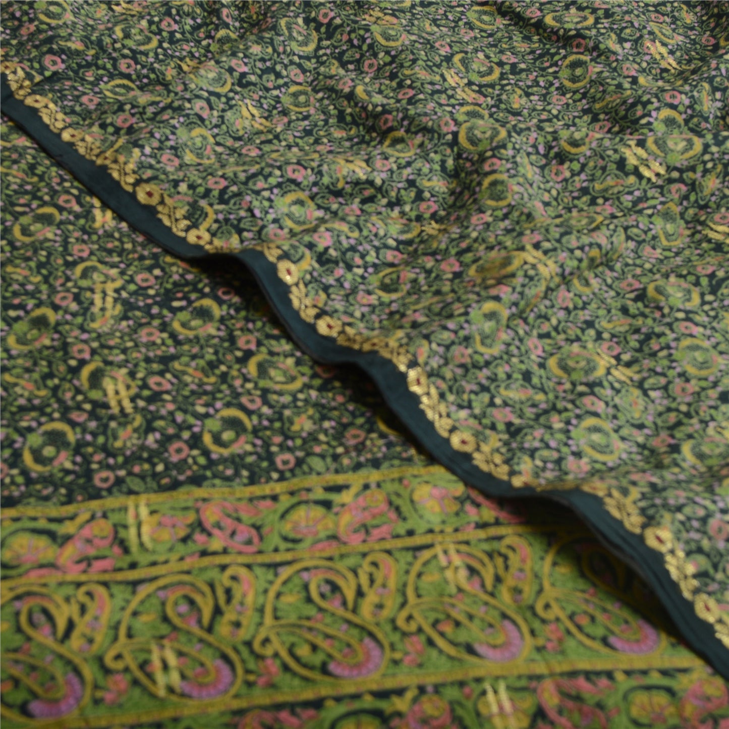 Sanskriti Vintage Sarees Dark Green Pure Georgette Silk Print Sari Craft Sustainable Fabric