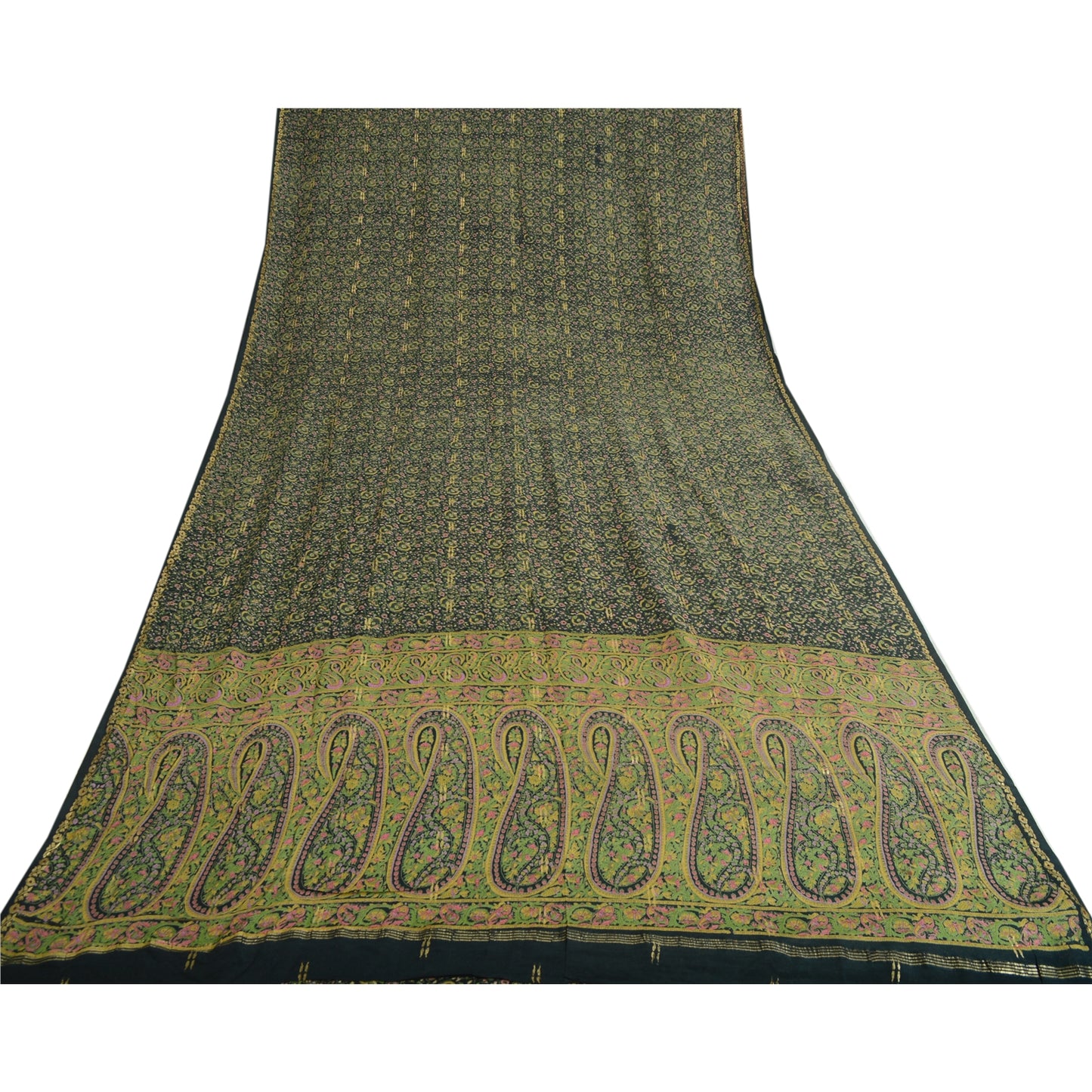 Sanskriti Vintage Sarees Dark Green Pure Georgette Silk Print Sari Craft Sustainable Fabric