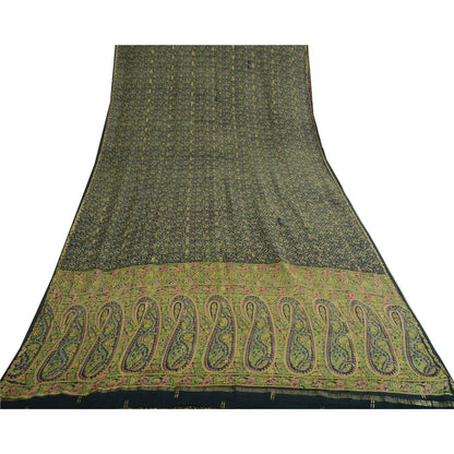 Sanskriti Vintage Sarees Dark Green Pure Georgette Silk Print Sari Craft Sustainable Fabric
