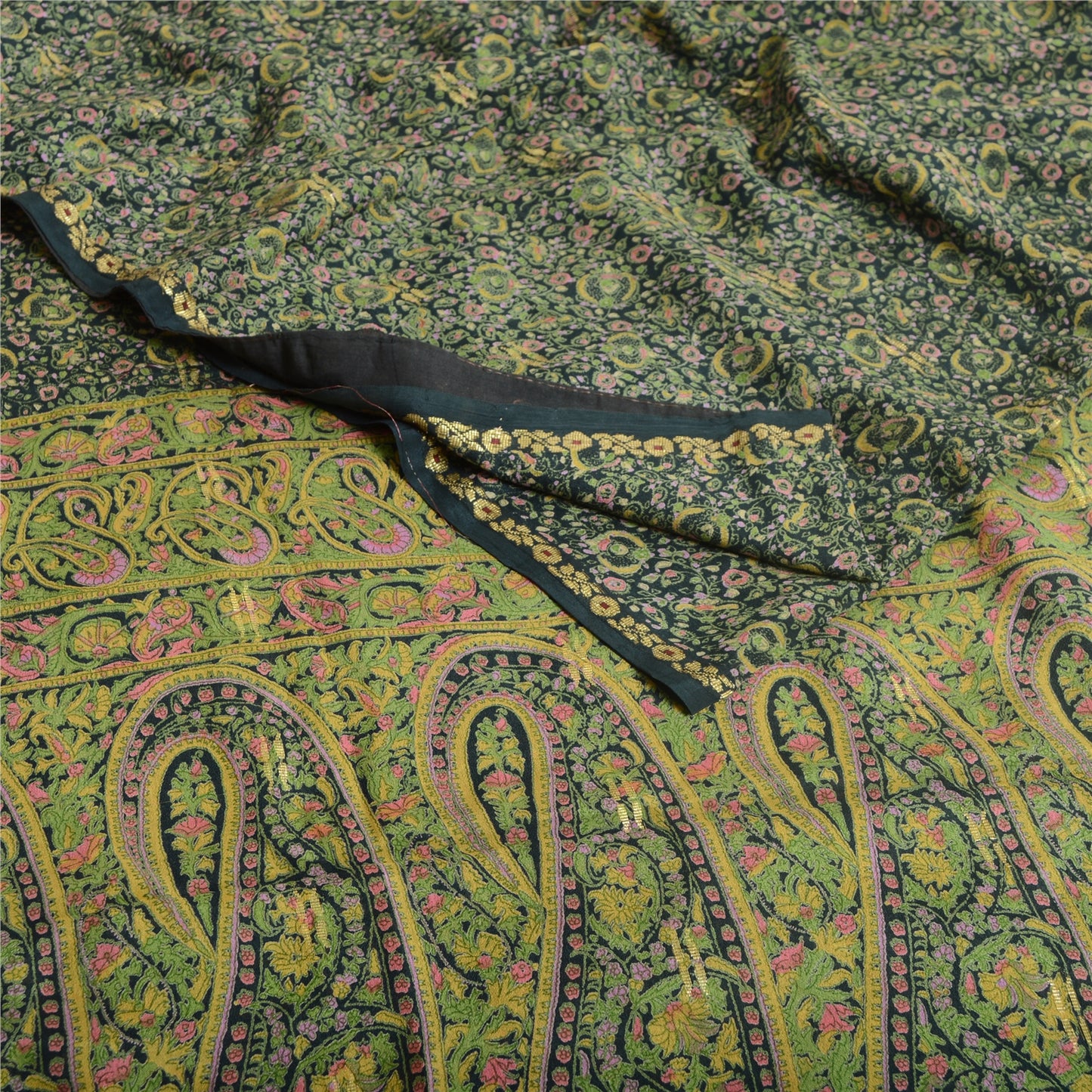 Sanskriti Vintage Sarees Dark Green Pure Georgette Silk Print Sari Craft Sustainable Fabric