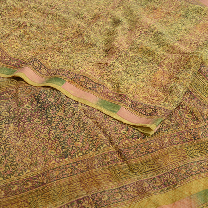Sanskriti Vintage Sarees Olive Green Pure Georgette Silk Print Sari Craft Sustainable Fabric