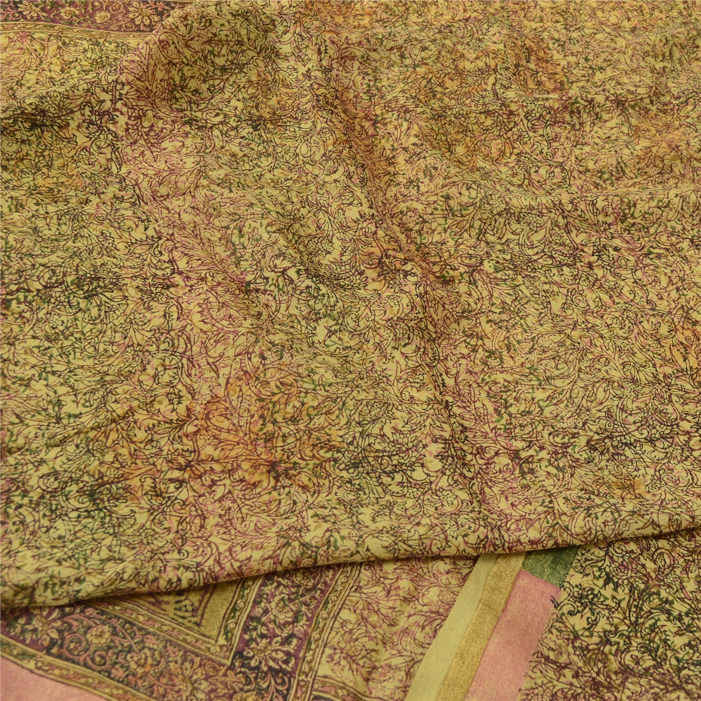 Sanskriti Vintage Sarees Olive Green Pure Georgette Silk Print Sari Craft Sustainable Fabric