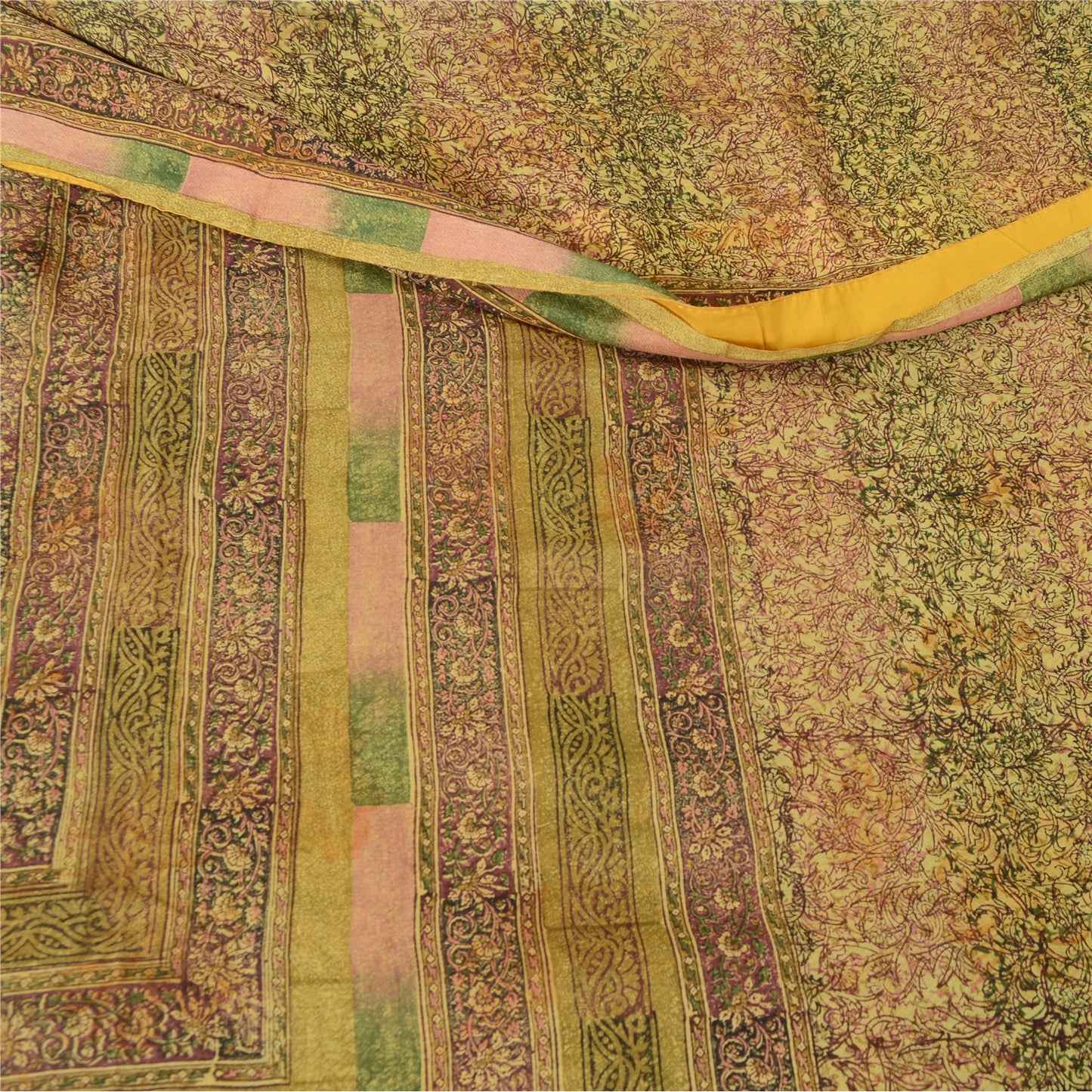 Sanskriti Vintage Sarees Olive Green Pure Georgette Silk Print Sari Craft Sustainable Fabric