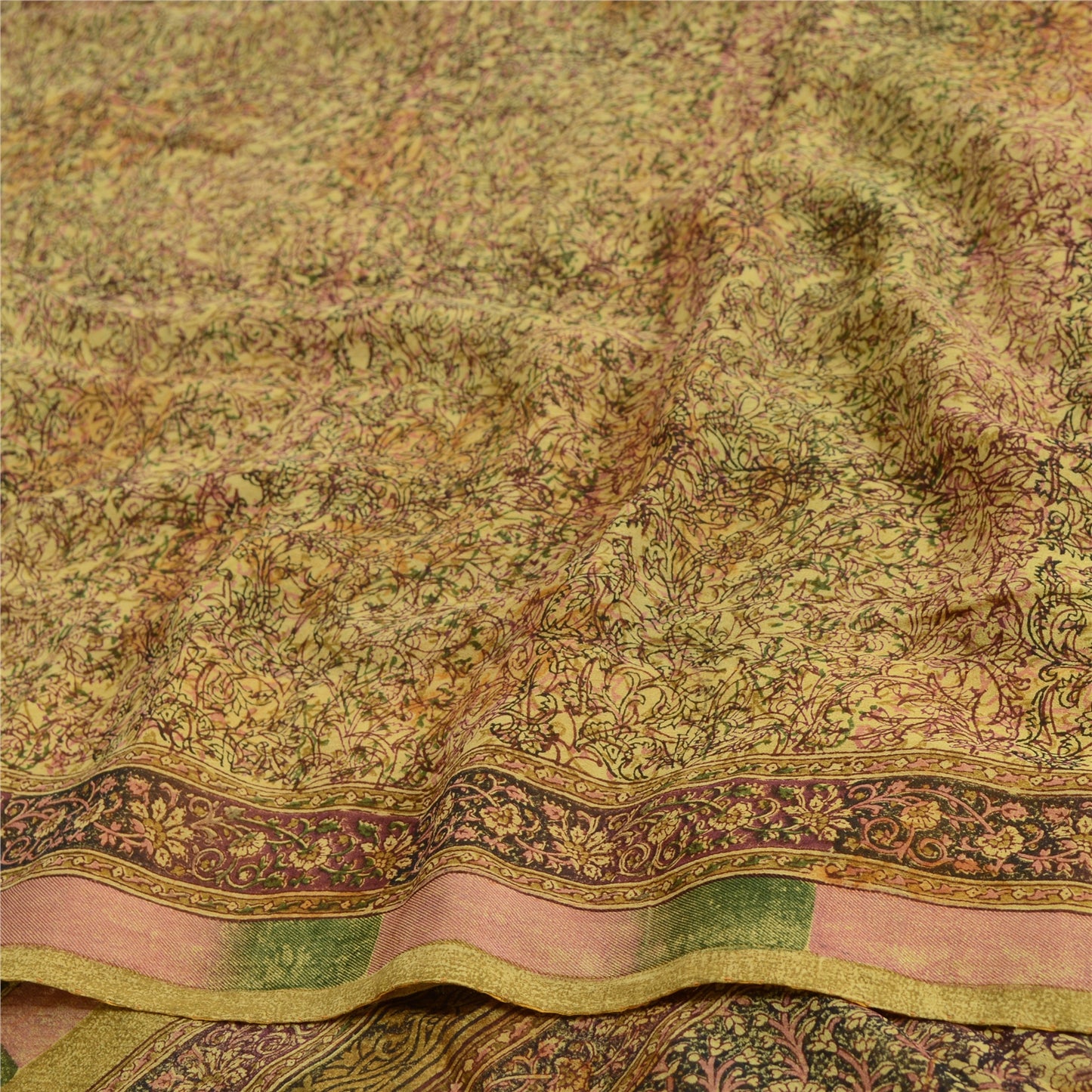 Sanskriti Vintage Sarees Olive Green Pure Georgette Silk Print Sari Craft Sustainable Fabric
