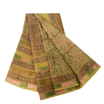 Sanskriti Vintage Sarees Olive Green Pure Georgette Silk Print Sari Craft Sustainable Fabric