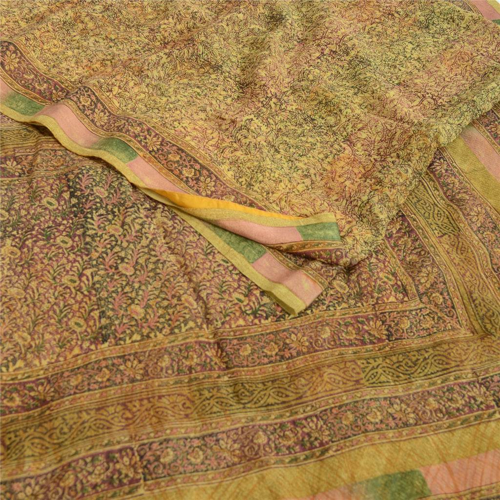 Sanskriti Vintage Sarees Olive Green Pure Georgette Silk Print Sari Craft Sustainable Fabric