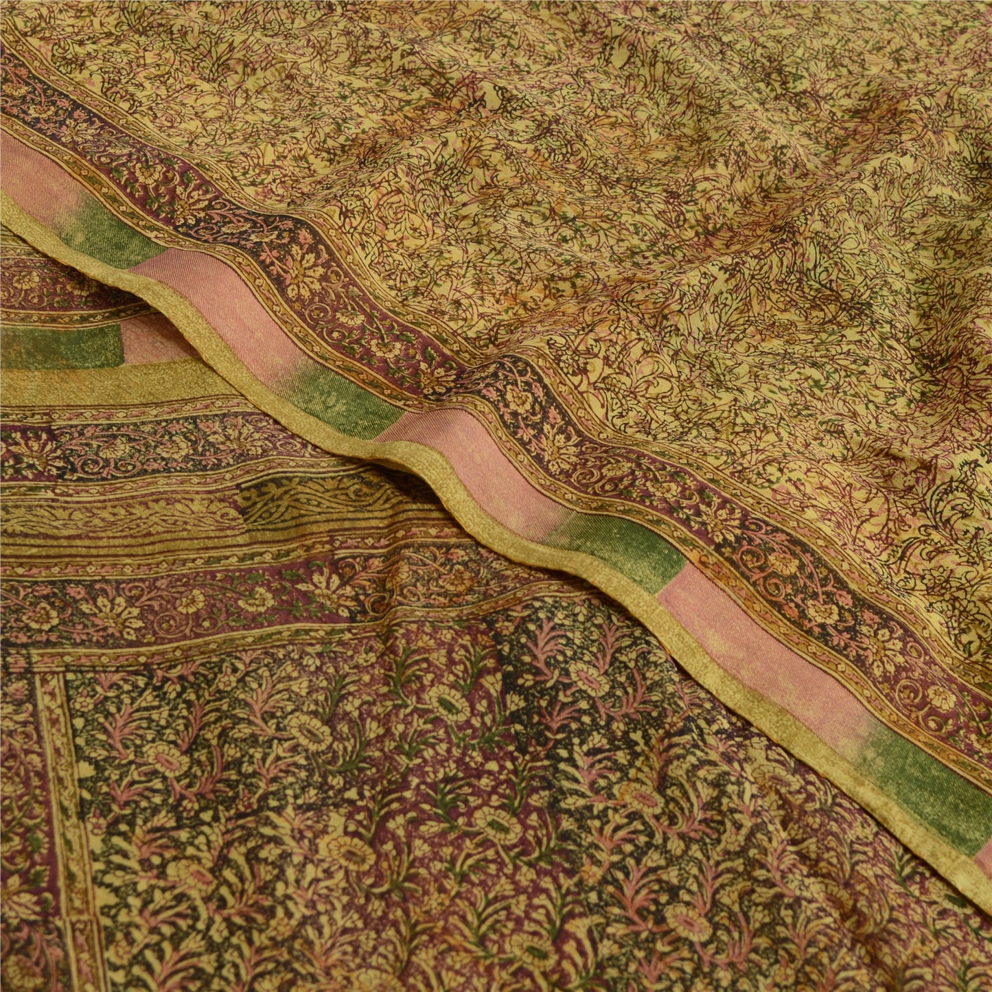 Sanskriti Vintage Sarees Olive Green Pure Georgette Silk Print Sari Craft Sustainable Fabric