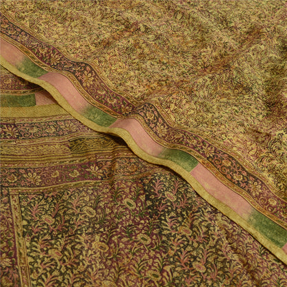 Sanskriti Vintage Sarees Olive Green Pure Georgette Silk Print Sari Craft Sustainable Fabric