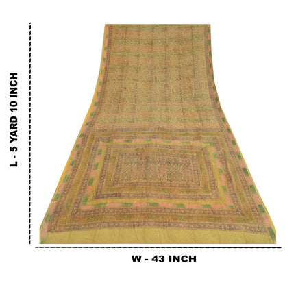 Sanskriti Vintage Sarees Olive Green Pure Georgette Silk Print Sari Craft Sustainable Fabric