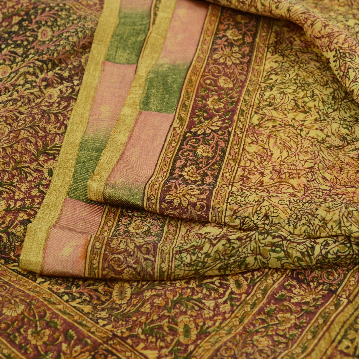 Sanskriti Vintage Sarees Olive Green Pure Georgette Silk Print Sari Craft Sustainable Fabric