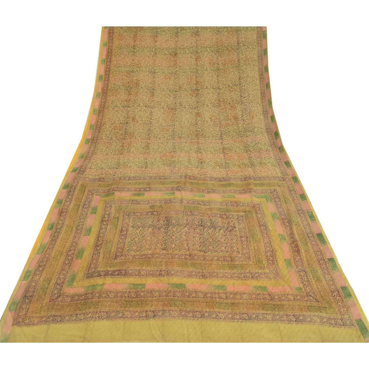 Sanskriti Vintage Sarees Olive Green Pure Georgette Silk Print Sari Craft Sustainable Fabric