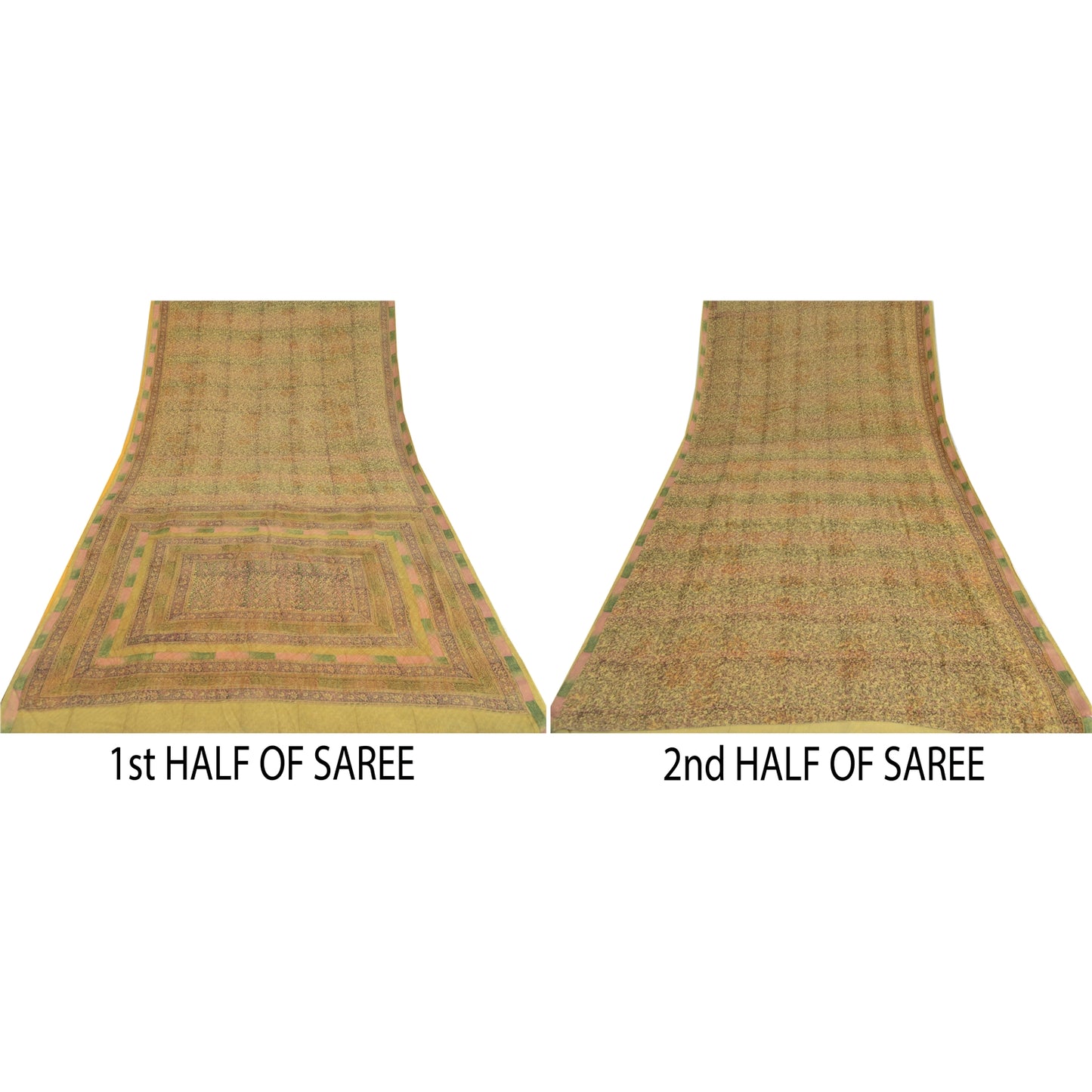 Sanskriti Vintage Sarees Olive Green Pure Georgette Silk Print Sari Craft Sustainable Fabric