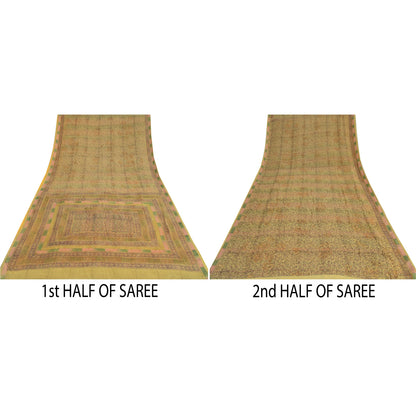 Sanskriti Vintage Sarees Olive Green Pure Georgette Silk Print Sari Craft Sustainable Fabric