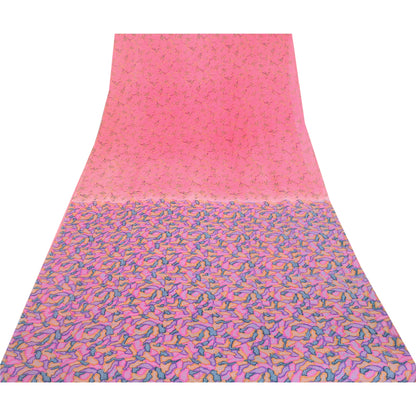Sanskriti Vintage Sarees Pink Pure Georgette Silk Printed Sari 6yd Craft Sustainable Fabric