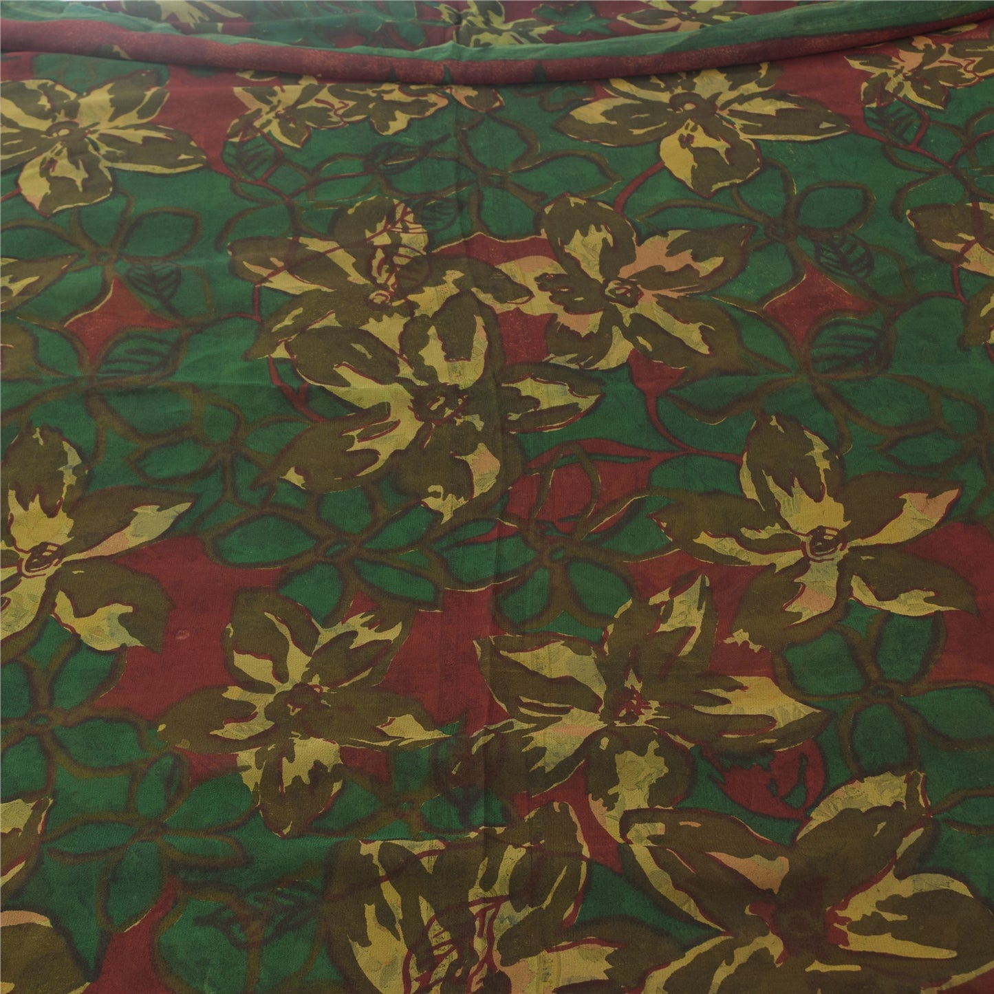 Sanskriti Vintage Sarees Green Pure Georgette Silk Printed Sari 6yd Craft Sustainable Fabric