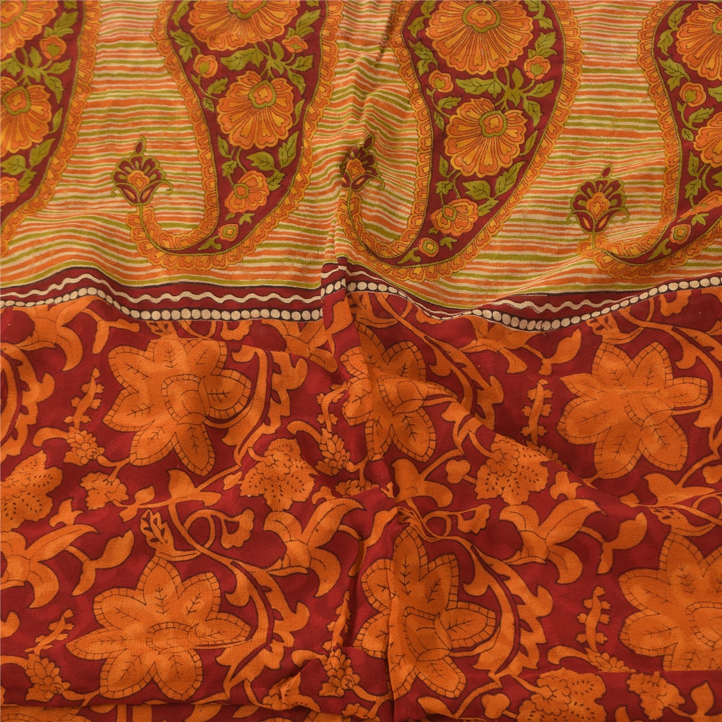 Sanskriti Vintage Sarees Pure Georgette Red/Orange Printed Sari 5yd Craft Sustainable Fabric