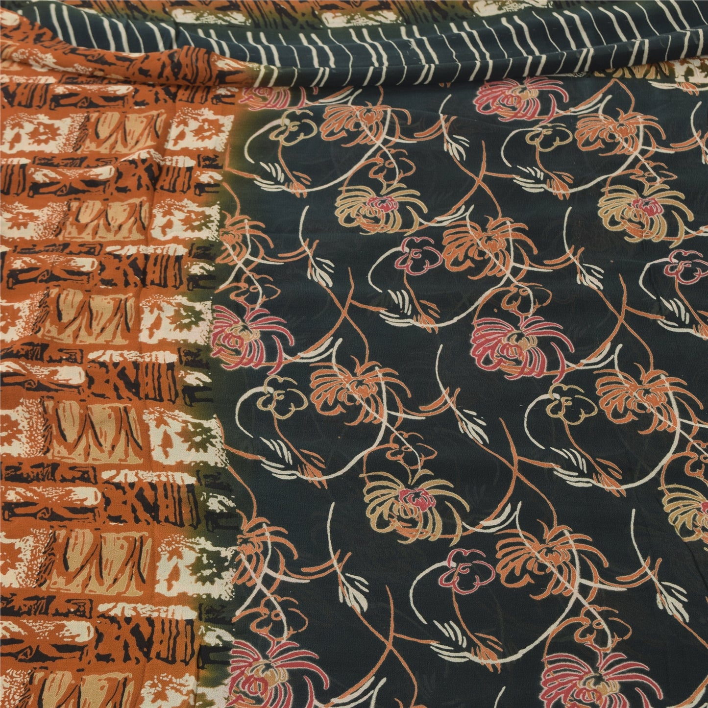 Sanskriti Vintage Sarees Dark Gray Pure Georgette Silk Printed Sari Craft Sustainable Fabric