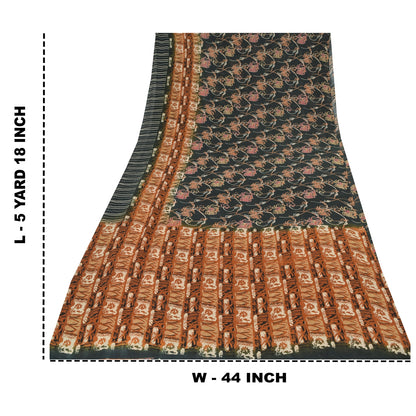 Sanskriti Vintage Sarees Dark Gray Pure Georgette Silk Printed Sari Craft Sustainable Fabric