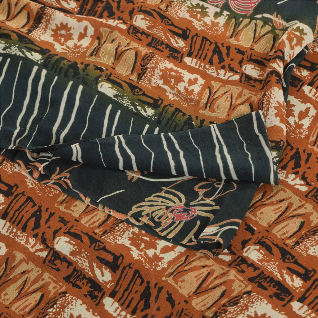 Sanskriti Vintage Sarees Dark Gray Pure Georgette Silk Printed Sari Craft Sustainable Fabric