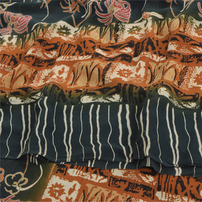 Sanskriti Vintage Sarees Dark Gray Pure Georgette Silk Printed Sari Craft Sustainable Fabric