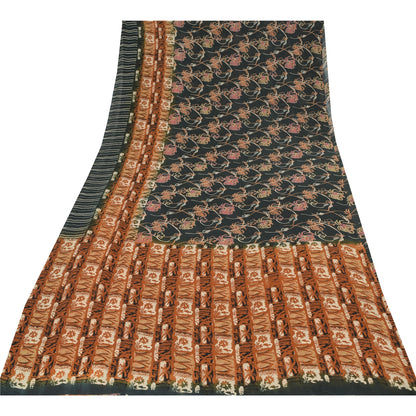Sanskriti Vintage Sarees Dark Gray Pure Georgette Silk Printed Sari Craft Sustainable Fabric