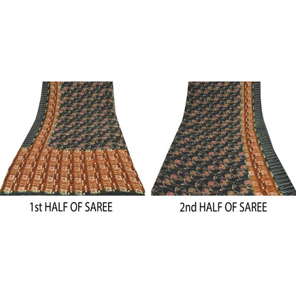 Sanskriti Vintage Sarees Dark Gray Pure Georgette Silk Printed Sari Craft Sustainable Fabric