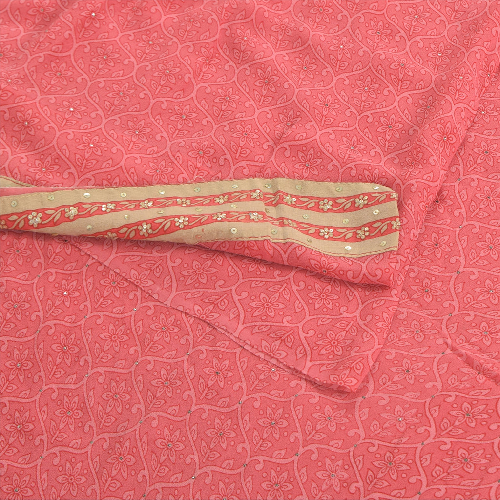 Sanskriti Vintage Sarees Pink Mukesh Pure Georgette Silk Print Sari Craft Sustainable Fabric
