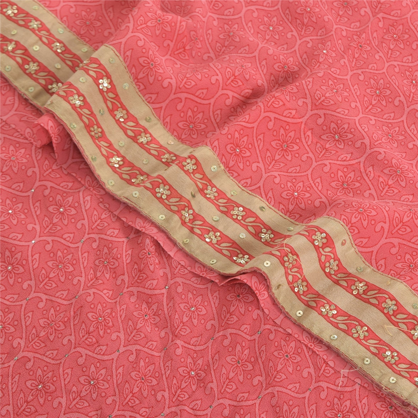 Sanskriti Vintage Sarees Pink Mukesh Pure Georgette Silk Print Sari Craft Sustainable Fabric