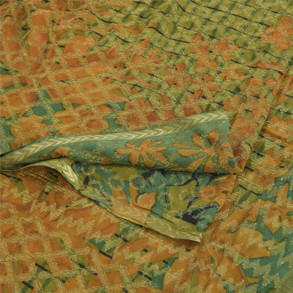 Sanskriti Vintage Sarees Green Pure Georgette Silk Printed Sari 5yd raft Sustainable Fabric