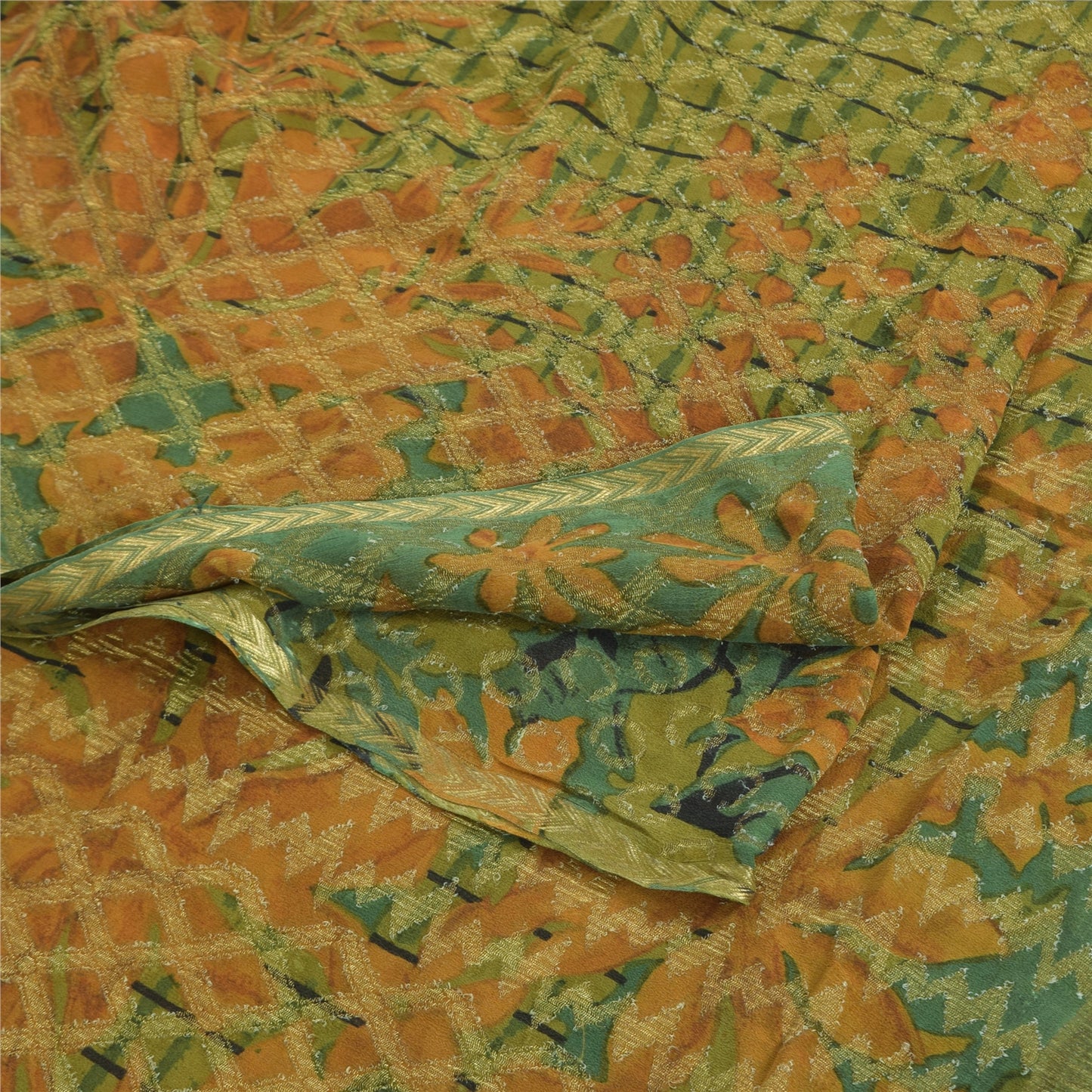 Sanskriti Vintage Sarees Green Pure Georgette Silk Printed Sari 5yd raft Sustainable Fabric