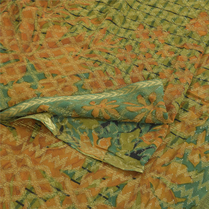 Sanskriti Vintage Sarees Green Pure Georgette Silk Printed Sari 5yd raft Sustainable Fabric