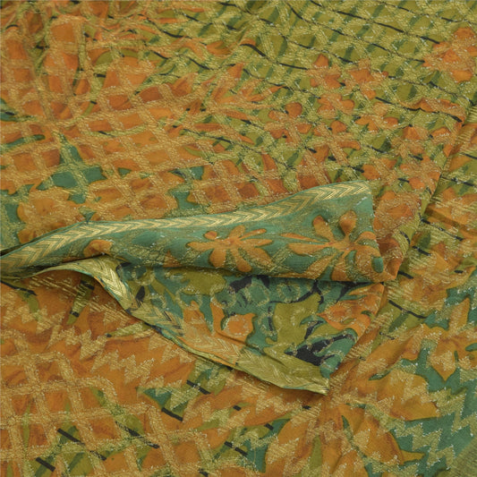 Sanskriti Vintage Sarees Green Pure Georgette Silk Printed Sari 5yd raft Sustainable Fabric
