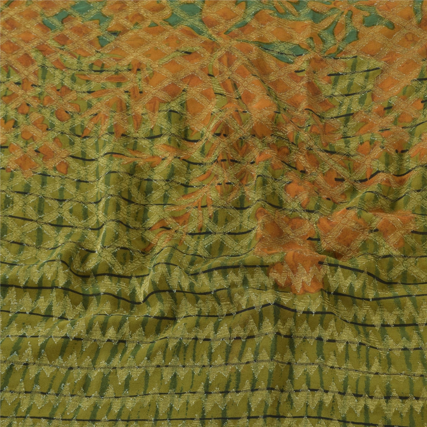 Sanskriti Vintage Sarees Green Pure Georgette Silk Printed Sari 5yd raft Sustainable Fabric