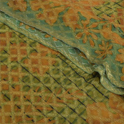 Sanskriti Vintage Sarees Green Pure Georgette Silk Printed Sari 5yd raft Sustainable Fabric