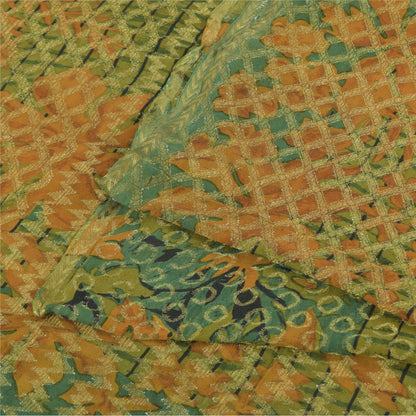 Sanskriti Vintage Sarees Green Pure Georgette Silk Printed Sari 5yd raft Sustainable Fabric