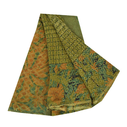 Sanskriti Vintage Sarees Green Pure Georgette Silk Printed Sari 5yd raft Sustainable Fabric