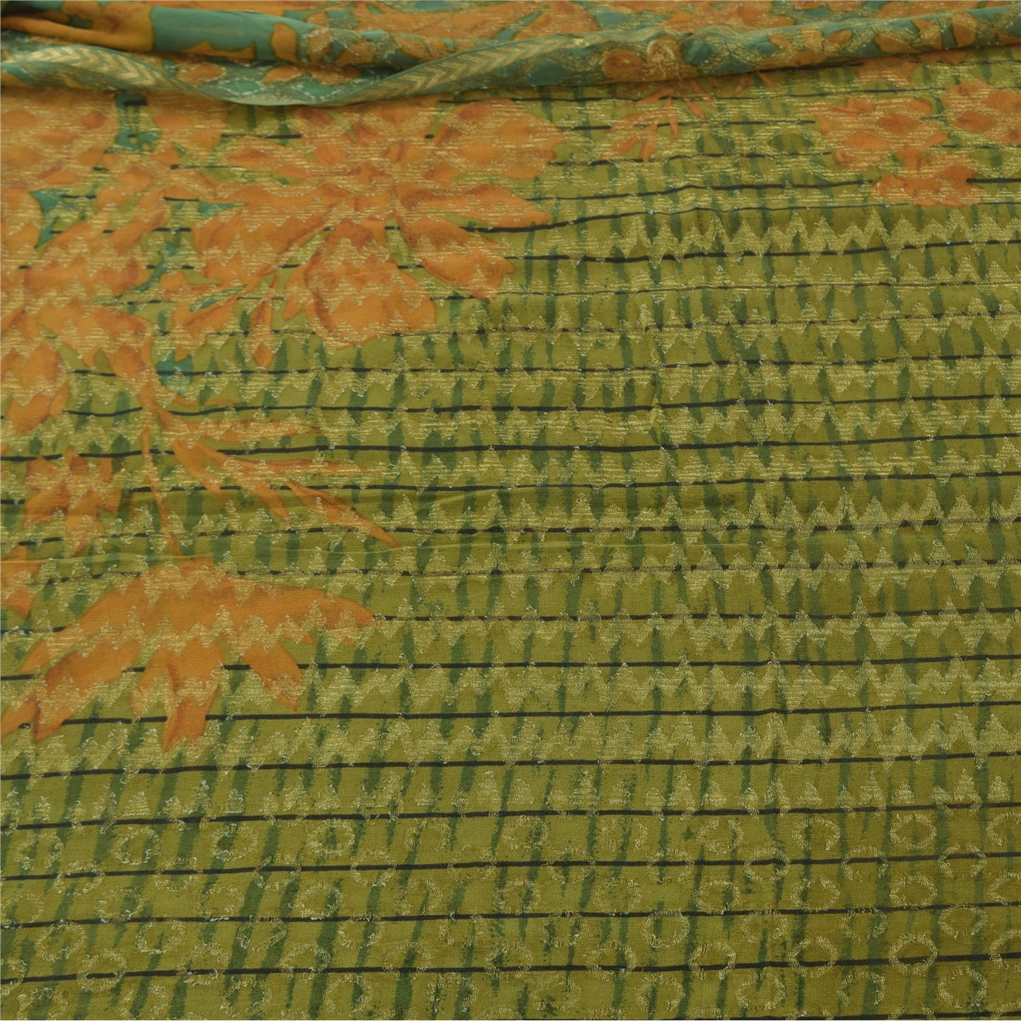 Sanskriti Vintage Sarees Green Pure Georgette Silk Printed Sari 5yd raft Sustainable Fabric