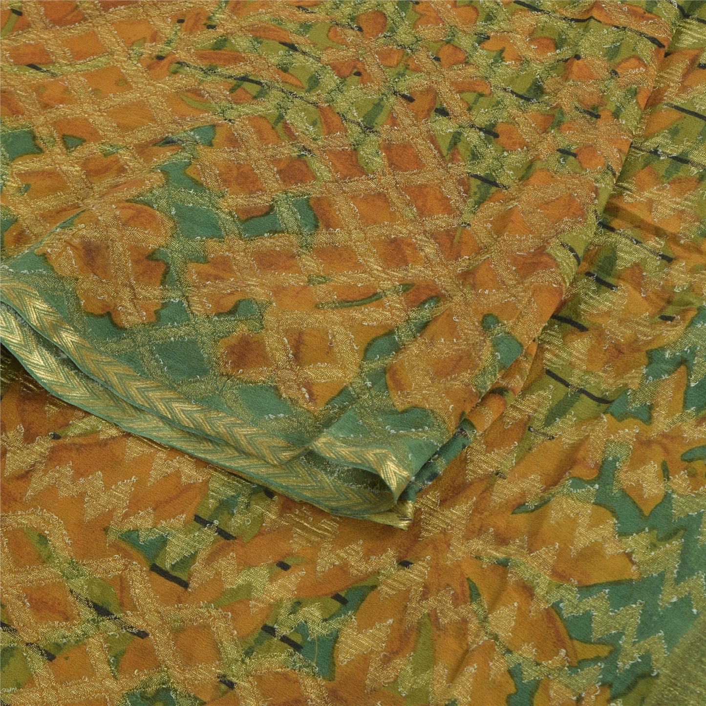 Sanskriti Vintage Sarees Green Pure Georgette Silk Printed Sari 5yd raft Sustainable Fabric