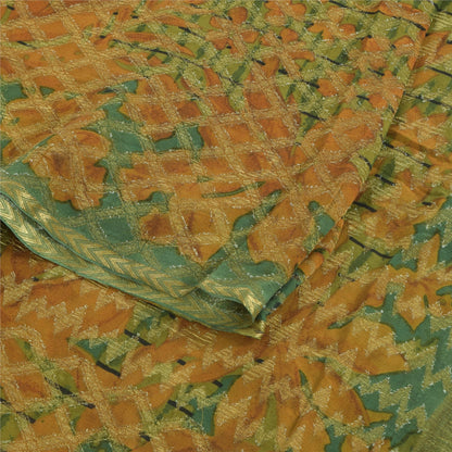 Sanskriti Vintage Sarees Green Pure Georgette Silk Printed Sari 5yd raft Sustainable Fabric