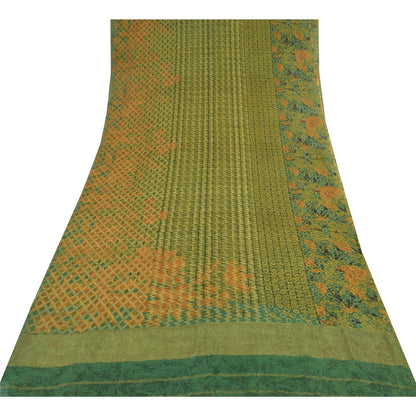 Sanskriti Vintage Sarees Green Pure Georgette Silk Printed Sari 5yd raft Sustainable Fabric