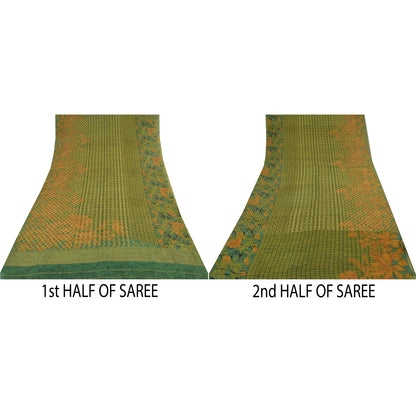 Sanskriti Vintage Sarees Green Pure Georgette Silk Printed Sari 5yd raft Sustainable Fabric