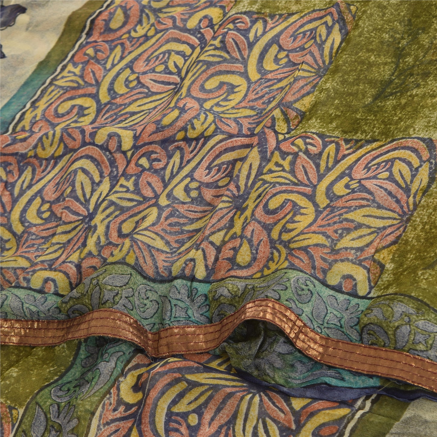 Sanskriti Vintage Sarees Green Pure Georgette Silk Printed Sari Craft Sustainable Fabric