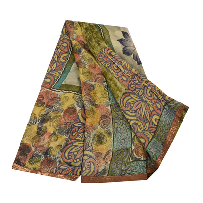 Sanskriti Vintage Sarees Green Pure Georgette Silk Printed Sari Craft Sustainable Fabric